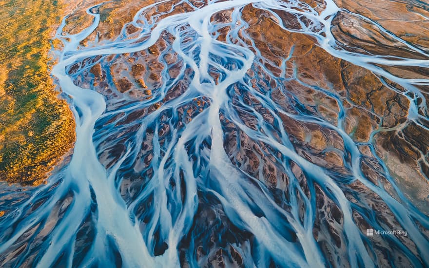 Aerial view of glacial rivers in Iceland